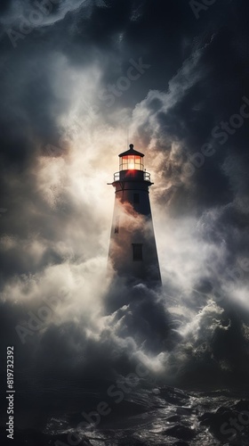 Lighthouse beam through fog, close up, atmospheric mood, double exposure silhouette with stormy clouds