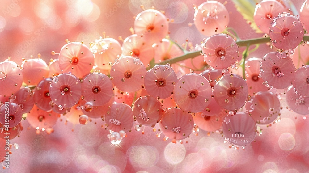 A close-up of pink flowers with water drops and a green stem in the foreground is an optimal version A close-up of pink flowers with water drops and a green stem in the foreground is an optimal version