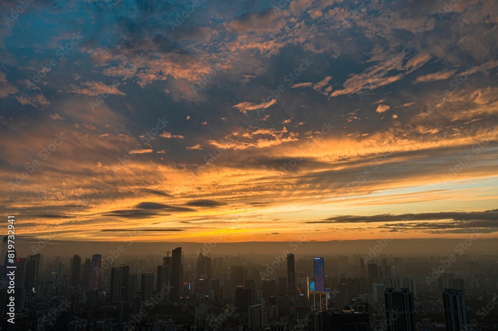 Burning clouds in the sky above the Wuhan skyline in summer Burning clouds in the sky above the Wuhan skyline in summer