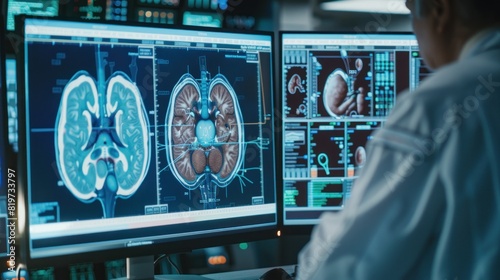 Radiologists work to diagnose and treat virtual human kidneys on a modern screen interface.