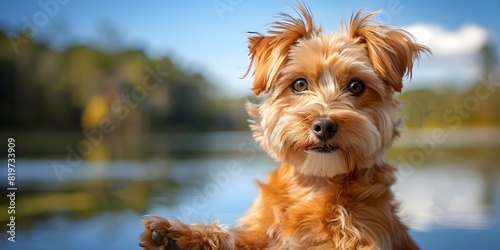 Funny dog poses for selfies with paw by the pond. Concept Pet Photography, Dog Poses, Selfie Ideas, Outdoor Photoshoot