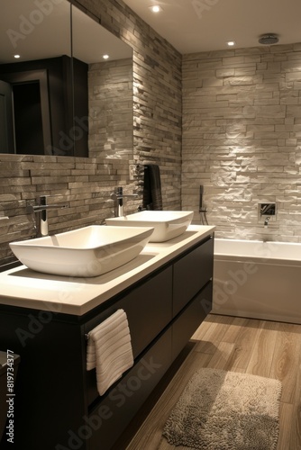 Modern Bathroom Interior with Stone Walls and Dark Vanity