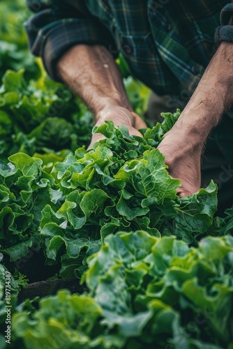 a farmer collects lettuce. Selective focus