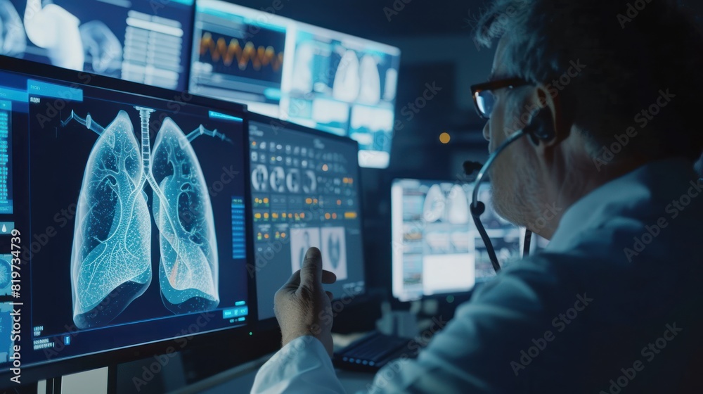 Radiologists work to virtually diagnose and treat human lung disease on a modern screen interface. Radiologists work to virtually diagnose and treat human lung disease on a modern screen interface.