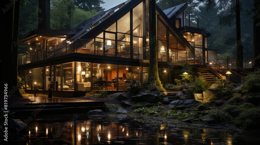 Fototapeta premium a house with a lot of windows and a pool with water in the foreground