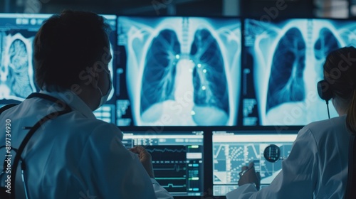 Radiologists work to virtually diagnose and treat human lung disease on a modern screen interface.