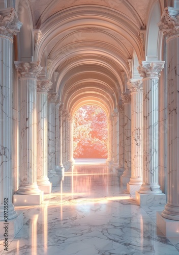 Marble Columns and Pink Sky in a Long Corridor © Adobe Contributor
