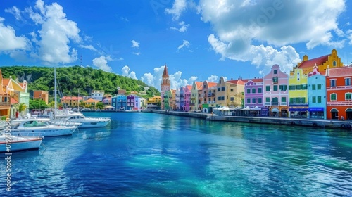 A panoramic view of a scenic coastal town with colorful buildings, boats, and a vibrant harbor, inviting viewers to explore and relax.