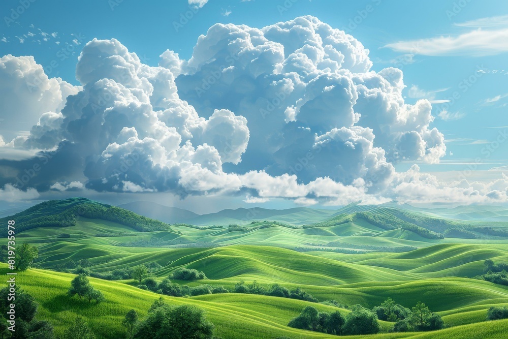 Fototapeta premium Rolling Green Hills with Blue Sky and White Clouds