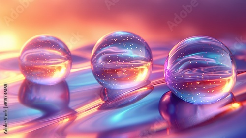  Three transparent orbs float atop a pool of azure and magenta fluid, adorned with celestial specks and radiant glitter