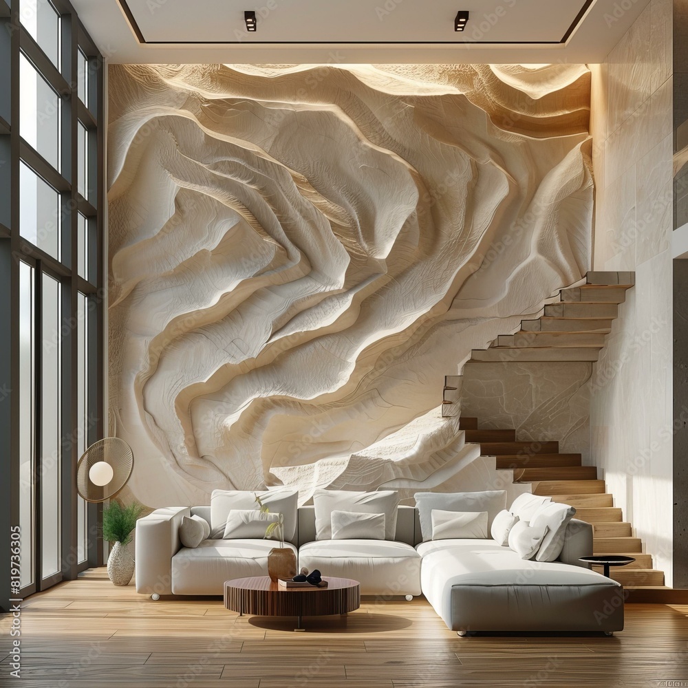 Modern Living Room with 3D Sculptural Wall and Staircase Modern Living Room with 3D Sculptural Wall and Staircase