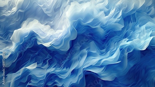  A stunning artwork of blue-white waves set against a backdrop of blue-white hues, featuring a prominent black avian figure photo