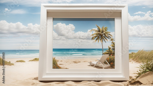 A framed painting of a beach scene with a sailboat in the distance.  