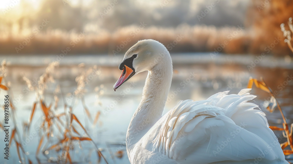 Fototapeta premium White swan in the wild. Beautiful extreme close-up.