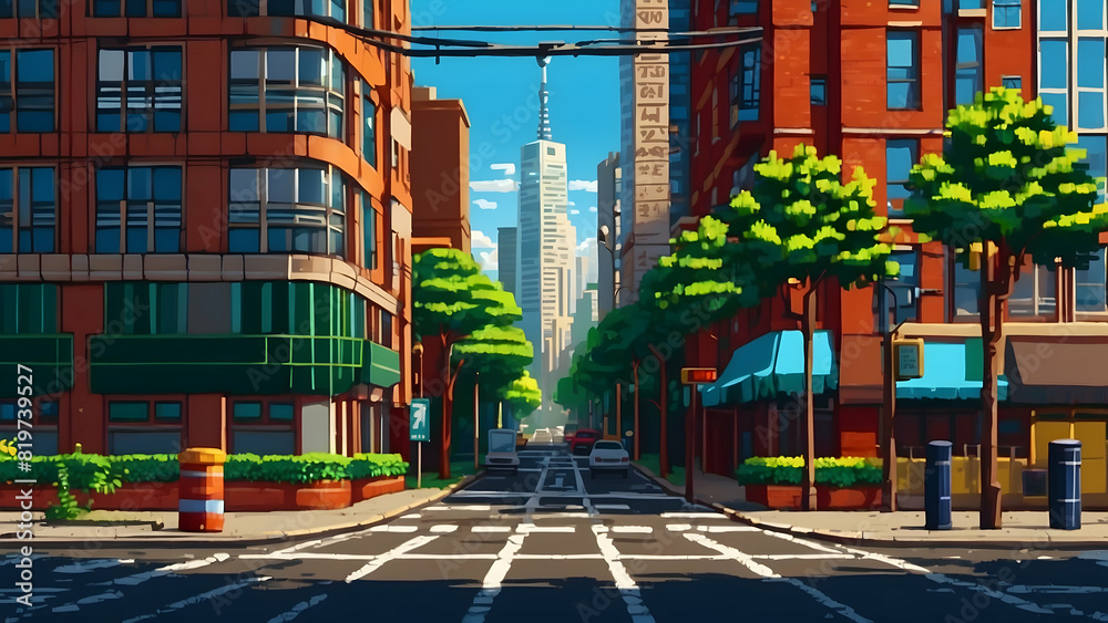 Fototapeta premium An artistic, digital depiction of an urban street featuring bold colors and geometric shapes in a cartoon style