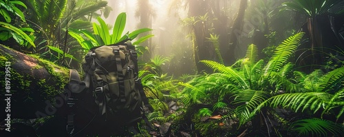 A closeup of a photographer s backpack surrounded by a variety of ferns and green trees in a misty national park © PBMasterDesign