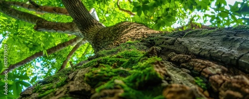 A closeup of a fallen tree covered in moss  nestled under the dense foliage of a green tree and an old oak