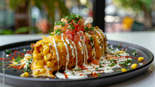 Indulge in the delicious flavors of venezuela with these tempting cachapas topped with cheese, cream, and a dash of fresh herbs photo