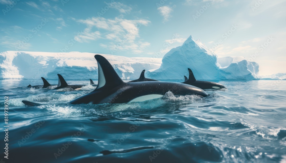Fototapeta premium Groups of Orcas or killer whales swim and hunt for prey, the top of the food chain in a sea of ​​ice floes