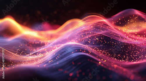 Digital generated image of glow fiber splines making turbulence patterns on black background.