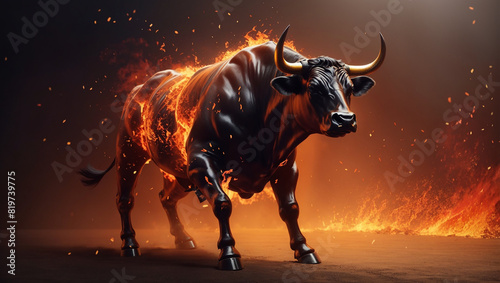 A black bull with fiery orange flames around it s body is running towards the viewer.  