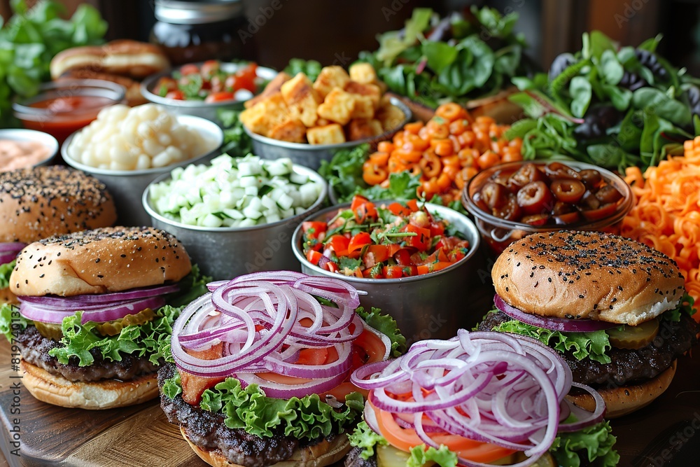 Burger Party table spread with a variety of burgers, sides, and condiments, set up for a burger-themed party