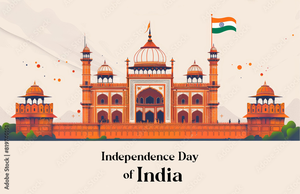 Obraz premium Illustration of the Red Fort with the Indian flag, celebrating India's Independence Day