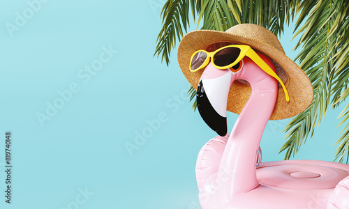 Pink flamingo with hat and sunglasses on turquoise blue background with copy space. Summer travel concept design. 3D Rendering, 3D Illustration photo