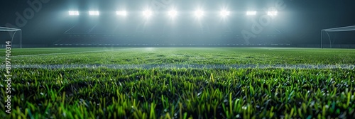 Iconic Sports Stadium with Bright Floodlights Illuminating Empty Field, Perfect for Professional Sports Advertisement