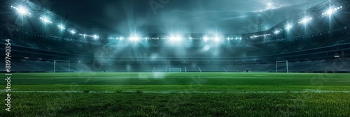 Majestic Sports Stadium with Towering Floodlights Illuminating Green Field and Empty Stands for Professional Sports Background