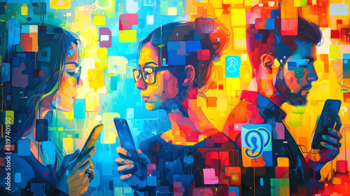 Vibrant Artistic Representation of Modern Communication: Colorful Painting Depicting a Profile Filled with Social Media Icons photo