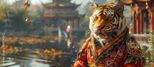 Tiger in Traditional Chinese Dress Adorns Palace Pond with Steampunk Flair