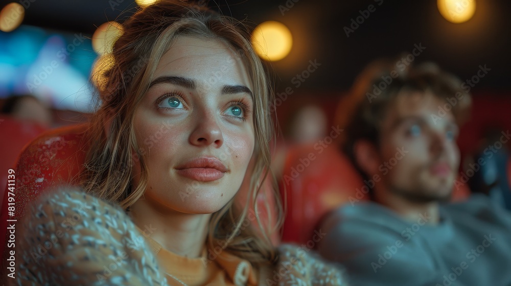 A man and a woman are sitting in a movie theater, watching a movie A man and a woman are sitting in a movie theater, watching a movie