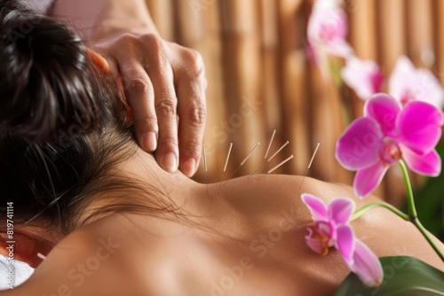 An acupuncturist hands carefully placing needles on a young woman back focusing on the technique and the patient relaxed posture photo