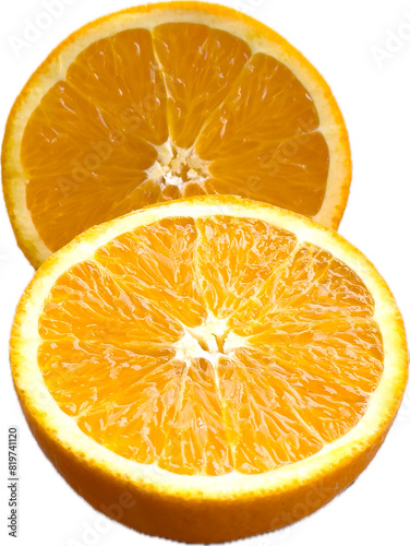 Half of fresh orange fruit that has juicy pulp. Sliced cut of navel orange fruit on white background.