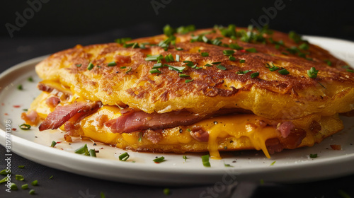 Traditional venezuelan cachapa filled with melted cheese and ham, garnished with chives, served on a white plate