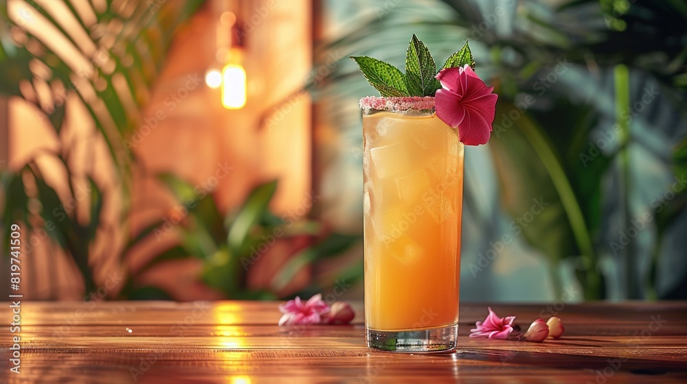 A tall glass of orange juice with a pink flower on the rim and another pink flower garnish A tall glass of orange juice with a pink flower on the rim and another pink flower garnish