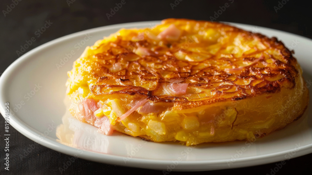 Savory and sweet venezuelan cachapa topped with melting cheese and slices of ham, served on a white plate, classic cuisine Savory and sweet venezuelan cachapa topped with melting cheese and slices of ham, served on a white plate, classic cuisine
