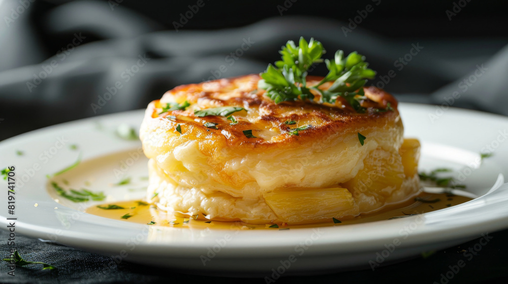 Traditional venezuelan cachapa with melted cheese and herbs, served on a white plate against a dark, elegant backdrop