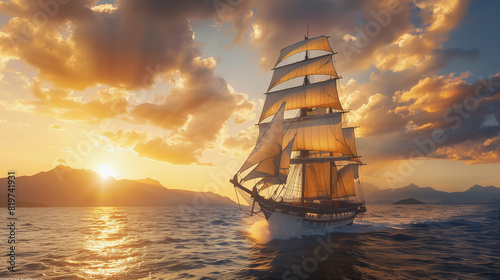 Sailing Ship on Rough Seas at Sunset