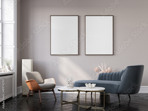 Cozy home interior with modern furniture on wall background, empty frames mockup in  decoration interior, 3d render photo