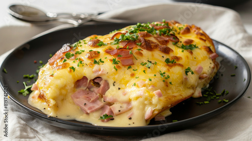 Traditional venezuelan cachapas on a black plate, garnished with chopped herbs, oozing with melted cheese and ham slices photo