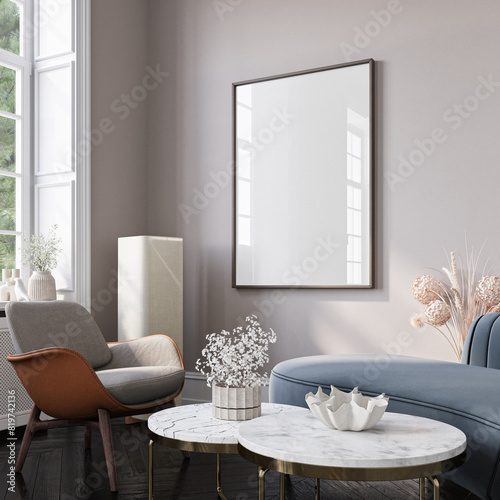 Cozy home interior with modern furniture on wall background, empty frames mockup in  decoration interior, 3d render photo