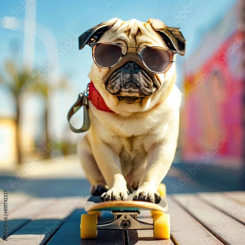 A fashionable pug wearing sunglasses rides a skateboard on a sunny day, exuding cool vibes in an urban setting.