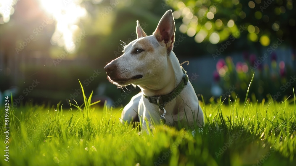 A white dog with pointed ears lying in a sunlit garden, surrounded by greenery and flowers, enjoying the morning sunlight. A white dog with pointed ears lying in a sunlit garden, surrounded by greenery and flowers, enjoying the morning sunlight.
