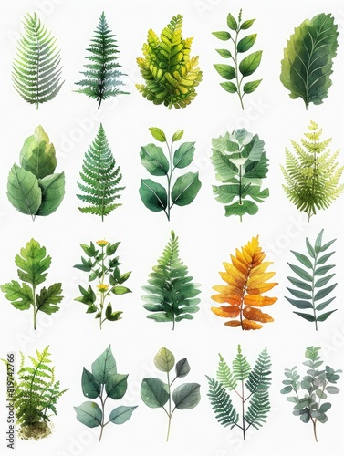 Beautiful watercolor illustrations of various green leaves and foliage  perfect for nature-themed designs and artwork.
