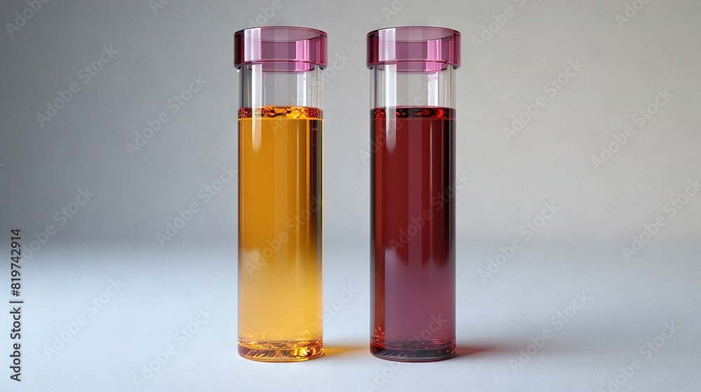 A pair of bottles filled with liquid rest on a white table surface beside each other A pair of bottles filled with liquid rest on a white table surface beside each other
