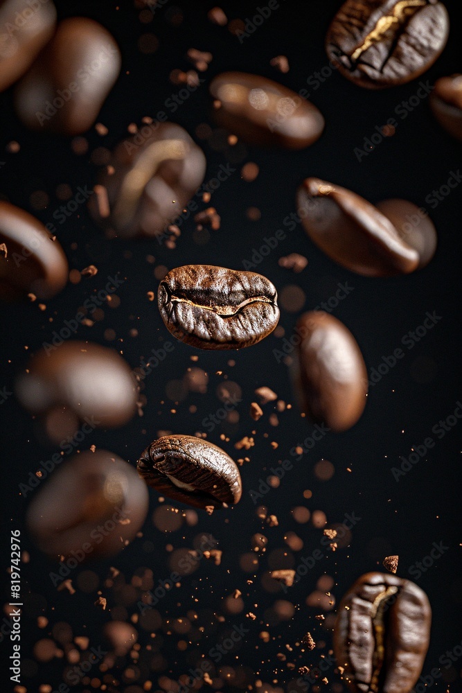 A hyperrealistic 8K image of levitating coffee beans against a black background A hyperrealistic 8K image of levitating coffee beans against a black background