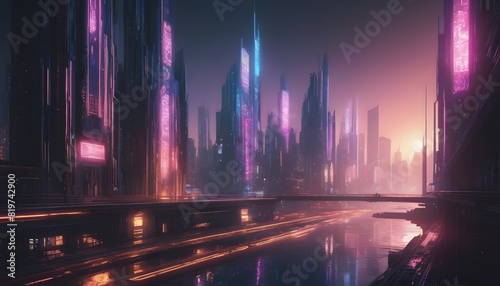 Immersive futuristic cityscape with vibrant holographic displays