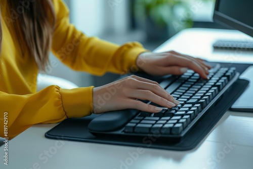 A young woman using an ergonomic wrist rest while typing on a computer keyboard with an emphasis on preventing strain injuries photo